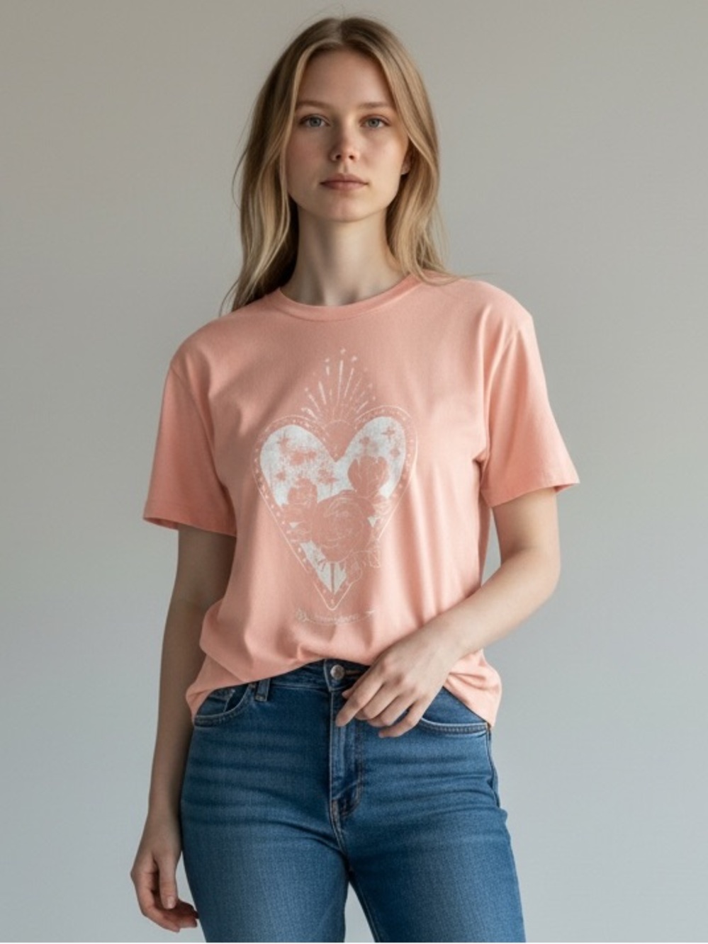 BIRDIEBEE Woman’s Heart Graphic Short Sleeve Tee in Soft Peach Size XS NWT